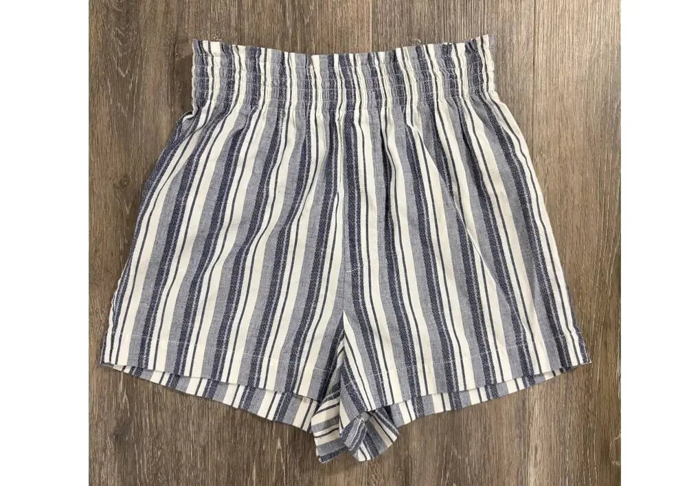 Kourt Striped Linen Blend Pull-On Shorts Blue White High Rise Size XS